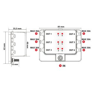 Sicherungsdose, 1 Eingang - 6 Ausgänge, 12/24V