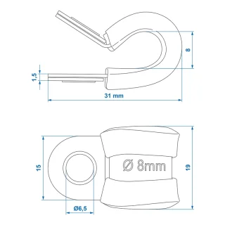 Kabelklemme  8 mm mit Gummischutz