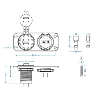 Einbau Kit: Voltmeter 6-30V + USB Doppelsteckdose 2x2100mA